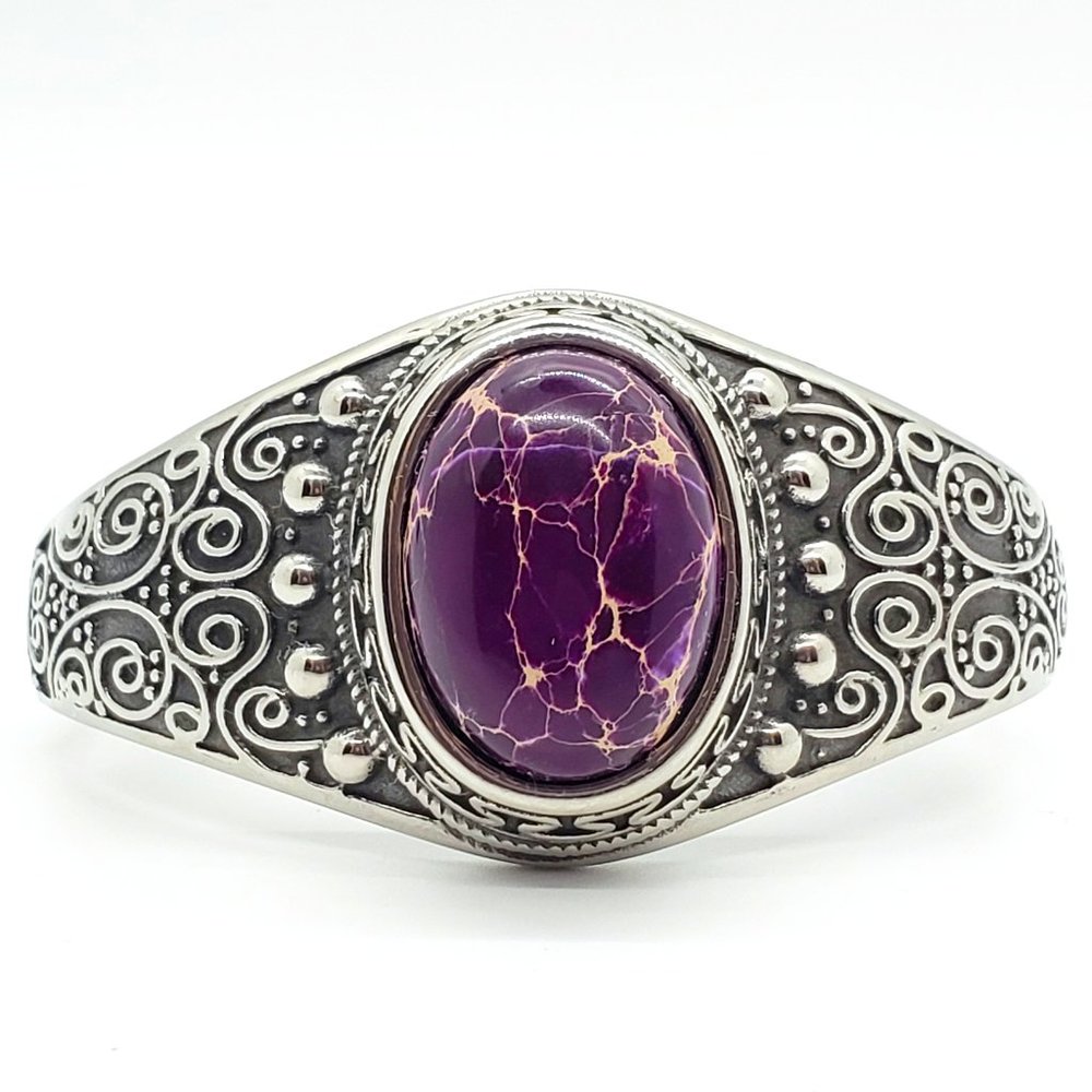 Vintage Ornate Purple Marked Single Hinge Open Cuff Bracelet